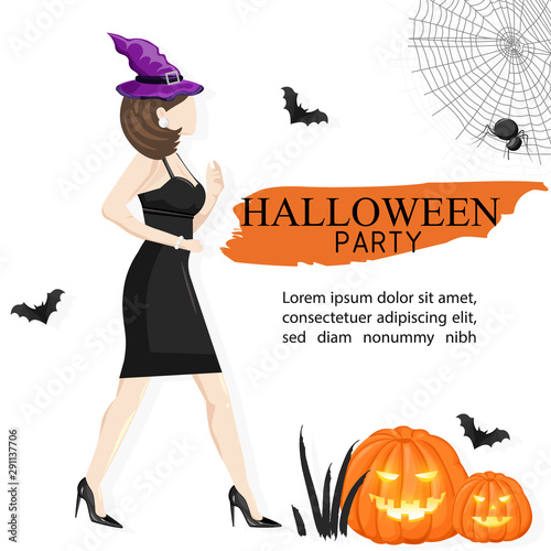 Halloween party site banner with woman wearing black dress and witch hat, pum...