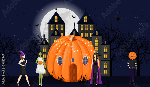 Pumpkin house with holiday dressed people in front. Castle, full moon, forest...