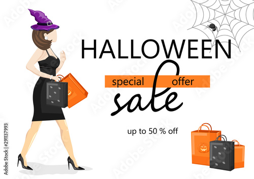 Halloween special offer sale banner with woman dressed in black, wearing witc...