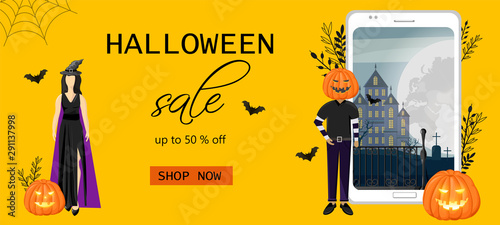 Halloween special offer sale banner with woman dressed in black, wearing witc...