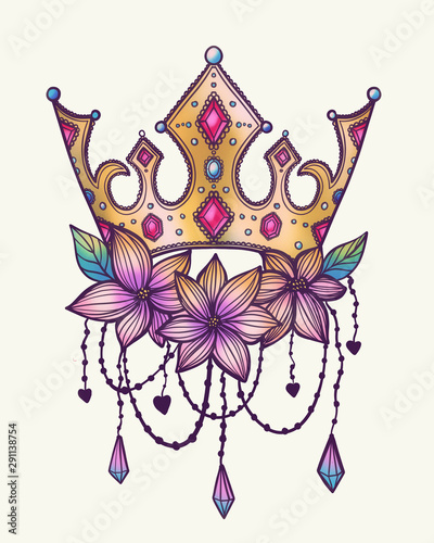 golden crown with flowers, tattoo isolated on white