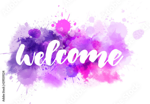 Welcome lettering on purple watercolor background