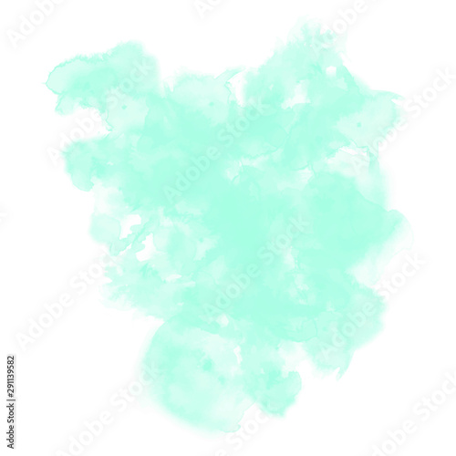 Vector graphics and a modern pattern of splashing neon green paint. Watercolor stain isolated on white background. Current, fashionable mint texture for your project. Neo-mint color. Irregular shape.