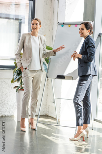 full length view of two smiling businesswomen in formal wear standing near flipchart in office