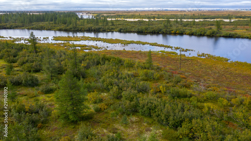 Landscape of the forest-tundra and the sandy river bank, bird's eye view.Arctic Circle, tunda © evgenii