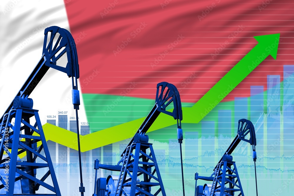 growing graph on Madagascar flag background - industrial illustration of Madagascar oil industry or market concept. 3D Illustration