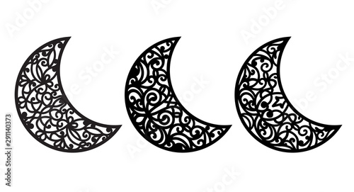 Vector ornamental crescent. Laser cut template. Christmas carved openwork moon. Cutting silhouette with a lacy eastern pattern. Stencil for wood carving, die cut. Gold ornate vintage decor.