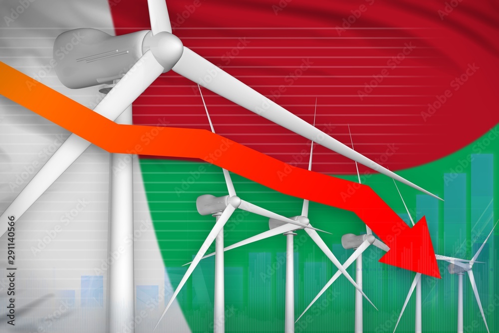 Fototapeta premium Madagascar wind energy power lowering chart, arrow down - environmental natural energy industrial illustration. 3D Illustration