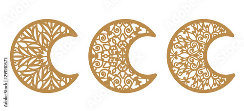 Set of vector ornamental crescents. Laser cut template. Christmas carved openwork moon. Cutting silhouette with a lacy eastern ornament. Stencil for wood carving, die cut. Gold ornate vintage decor.