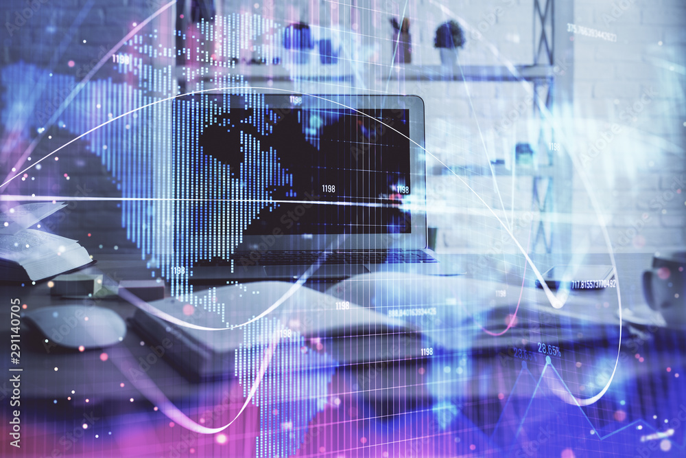 Multi exposure of business theme icons and table with computer background. Concept of success.