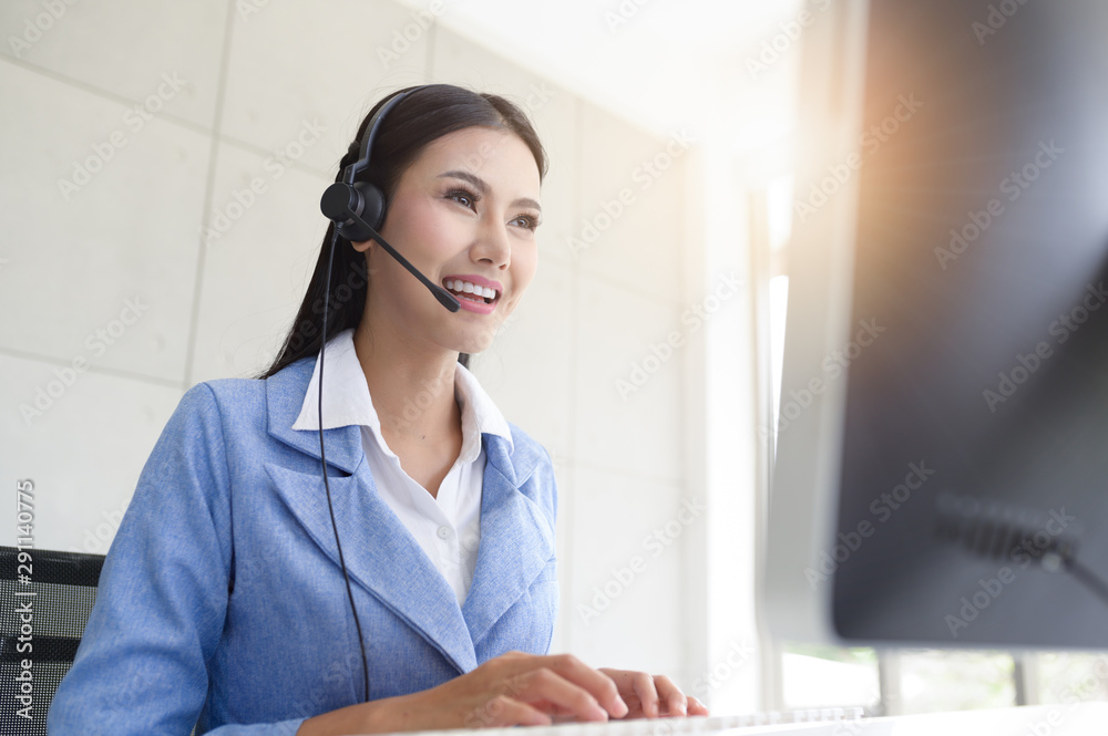 Call Center Service. Photo of customer support or sales agent. Help line answering and telemarketing. Female caller or receptionist phone operator.Copy space for some text, advertising or slogan. Call Center Service. Photo of customer support or sales agent. Help line answering and telemarketing. Female caller or receptionist phone operator.Copy space for some text, advertising or slogan.