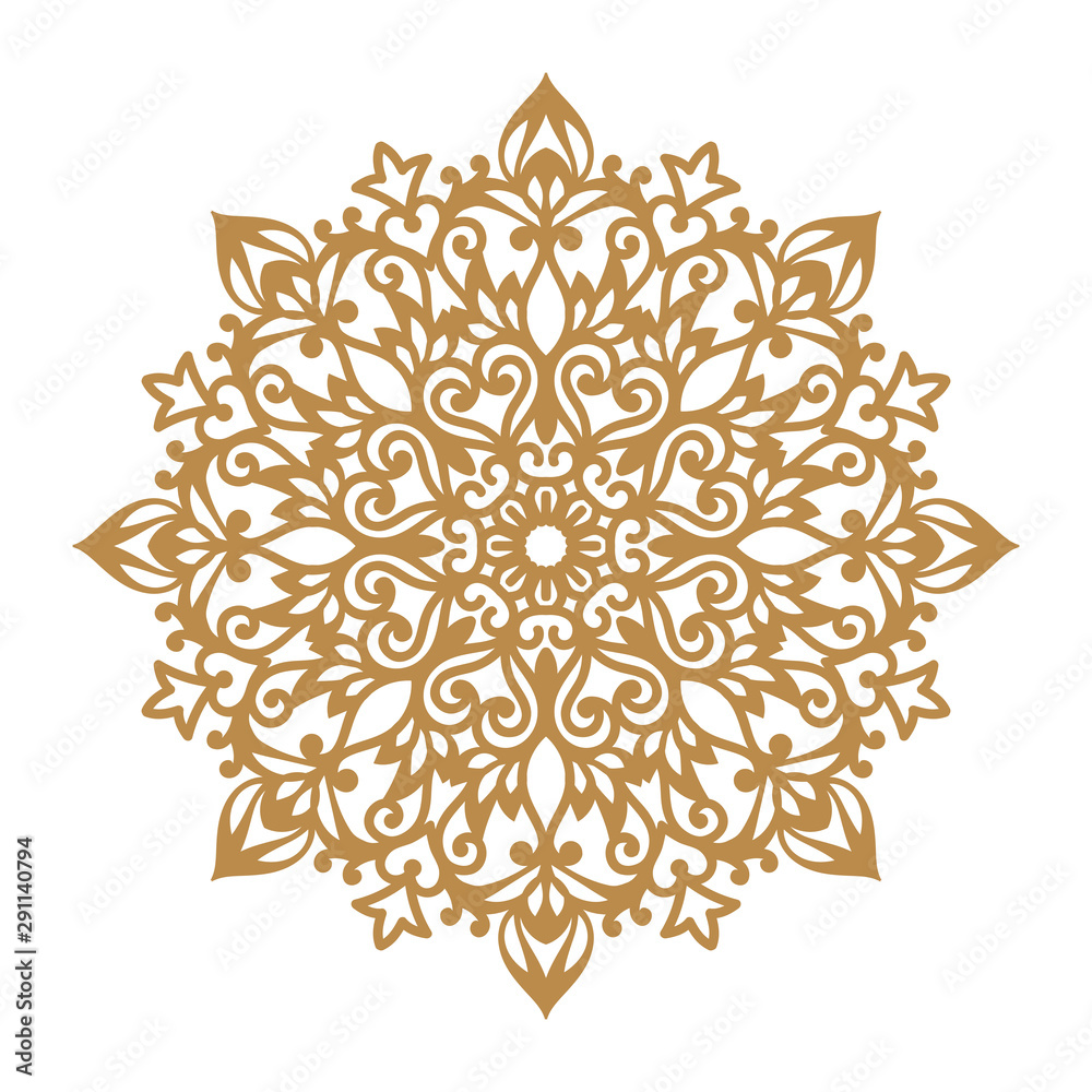 Laser cutting mandala. Round ornamental lace, golden floral pattern. Oriental ornament silhouette. Vector geometric circle. Circular pattern in arabesque style. For wedding invitation, greeting card.