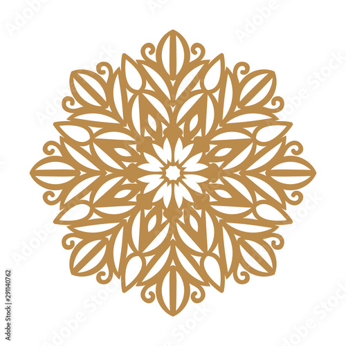 Laser cutting mandala. Round ornamental lace, golden floral pattern. Oriental ornament silhouette. Vector geometric circle. Circular pattern in arabesque style. For wedding invitation, greeting card.