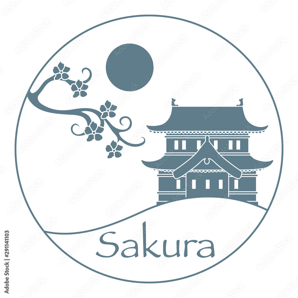 Obraz premium Sakura branch, castle. Japan design element
