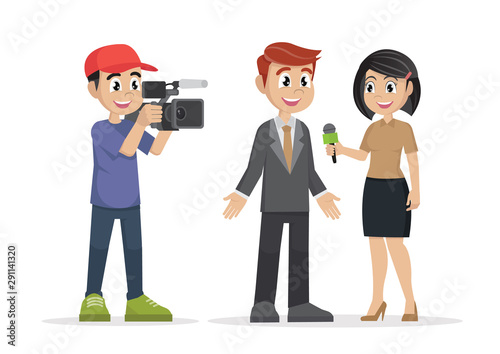Professional reporter with microphone interviews and man with a cameraman video camera.