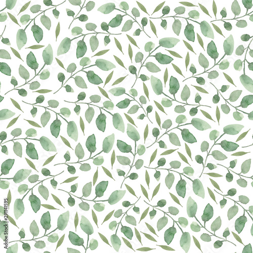 Pattern of watercolor green leaves on a white seamless background. Background for invitations to holidays  birthdays and weddings