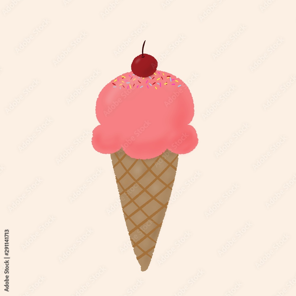 Ice cream with strawberry cream illustration hand drawn pattern background.