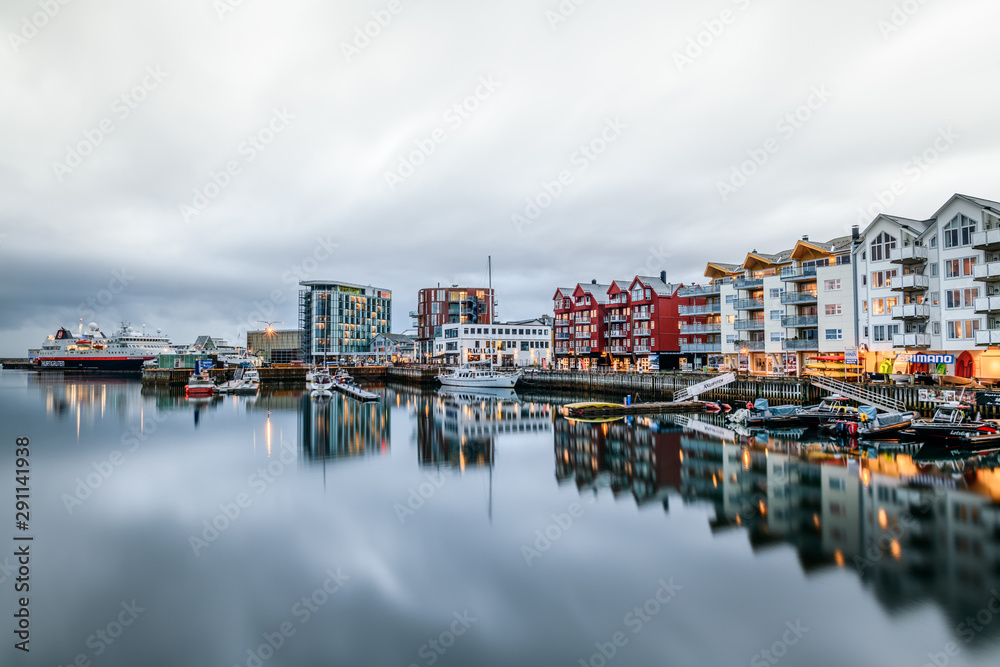 View at harbor of Svolvaer city at Lofoten Islands, Norway