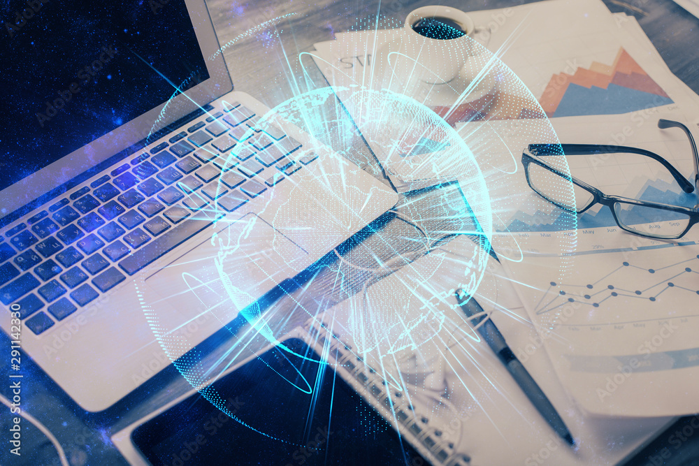 Double exposure of business theme icons and work space with computer background. Concept of success. Double exposure of business theme icons and work space with computer background. Concept of success.