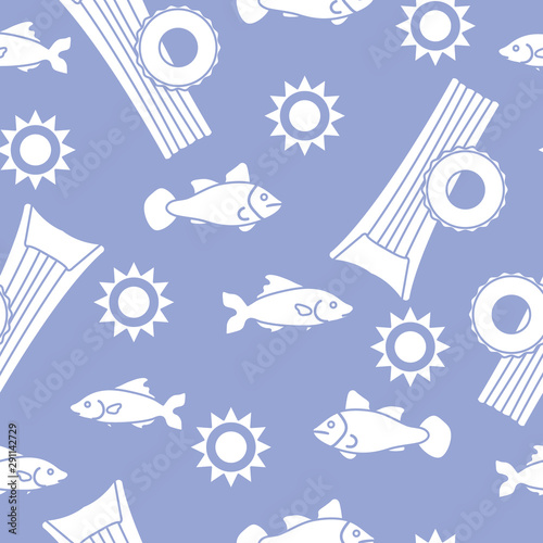 Pattern with fish, sun, inflatable mattress.