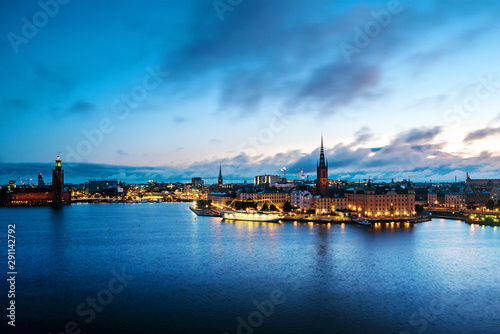 Aerial view of Gamla Stan in Stockholm, Sweden with landmarks like Riddarholm Church