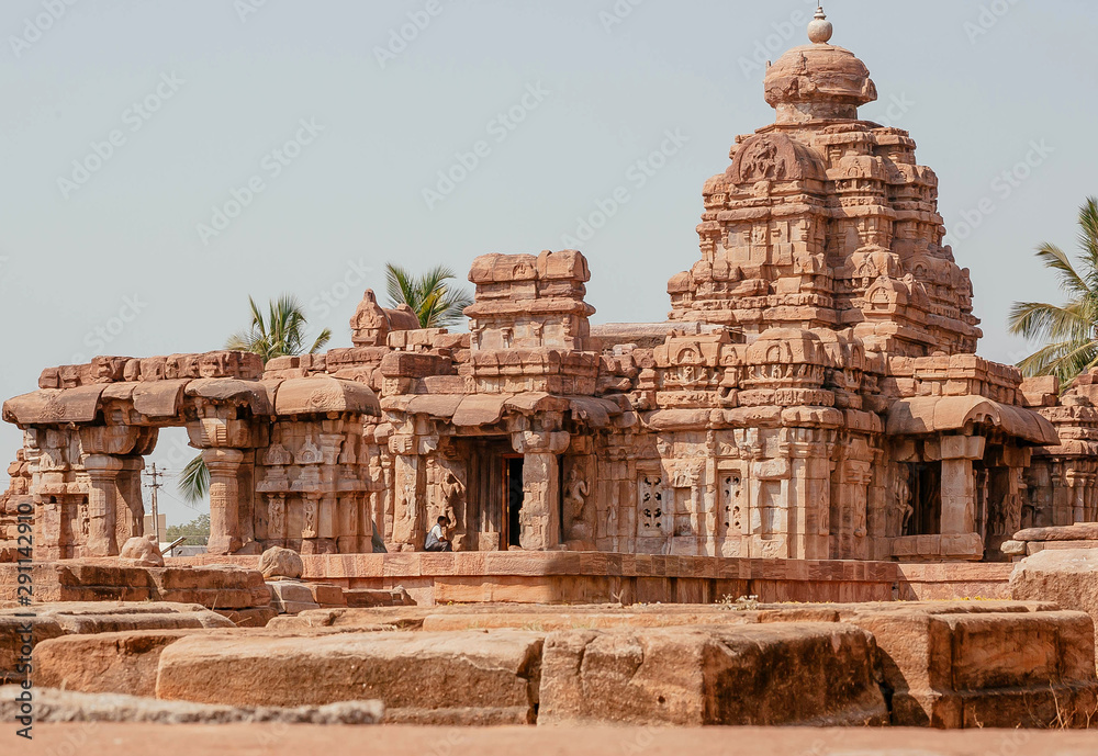 Tower o the Hindu temple in India. Architecture of 7th century with carved walls in Pattadakal, Karnataka
