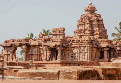 Tower o the Hindu temple in India. Architecture of 7th century with carved walls in Pattadakal  Karnataka