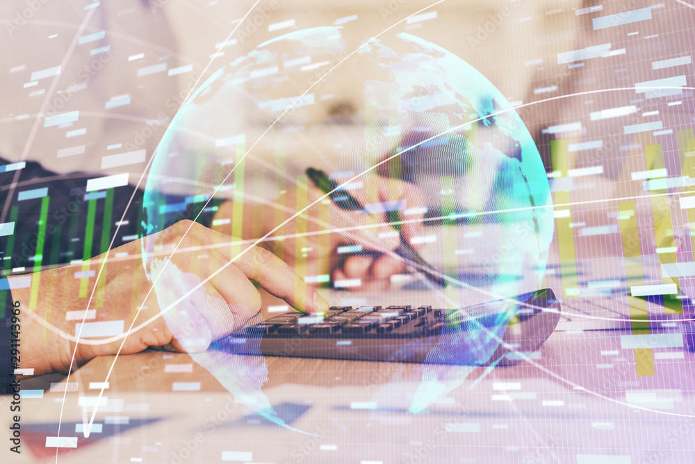 Double exposure of Man writing in notepad with business icons on background. Double exposure of Man writing in notepad with business icons on background.