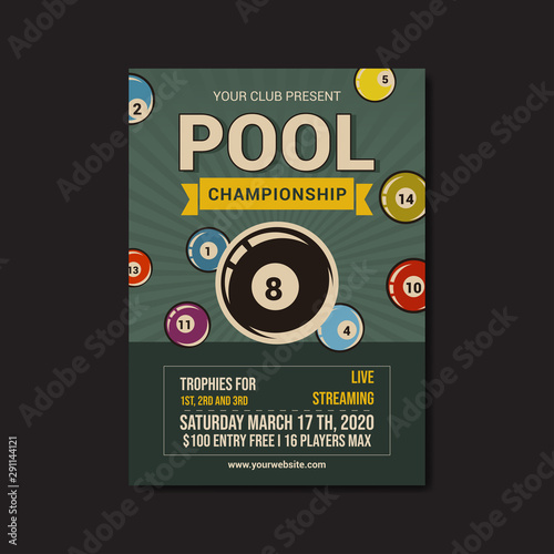pool championship flyer template, retro flat design vector