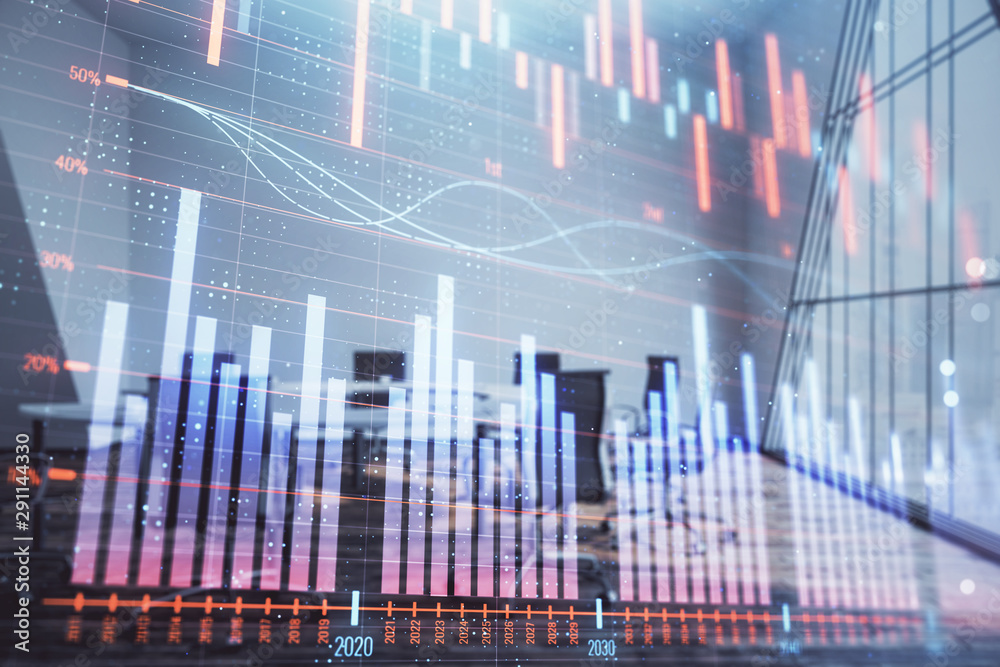 Multi exposure of stock market graph on conference room background. Concept of financial analysis Multi exposure of stock market graph on conference room background. Concept of financial analysis