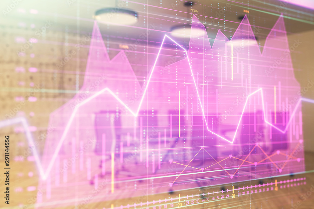 Multi exposure of stock market graph on conference room background. Concept of financial analysis Multi exposure of stock market graph on conference room background. Concept of financial analysis