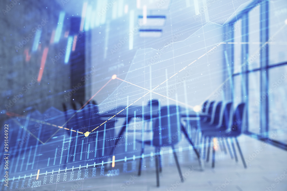 Multi exposure of stock market graph on conference room background. Concept of financial analysis Multi exposure of stock market graph on conference room background. Concept of financial analysis