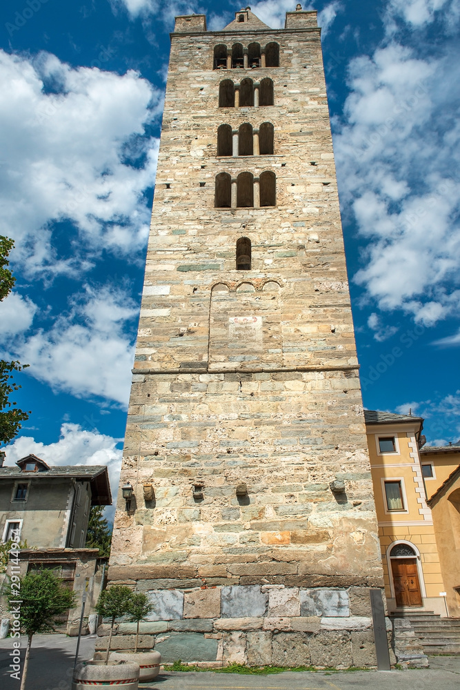 Bell tower of collegiate church in Aosta, northern Italy, dedicated to Saint Ursus of Aosta