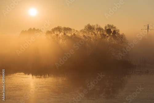 Magical autumn morning on a lake covered with fog with golden trees around