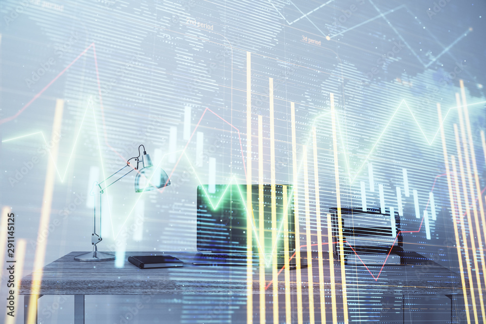 Stock market chart with globe hologram and desktop office computer background. Multi exposure. Concept of financial analysis.
