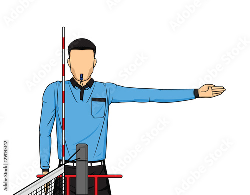 Volleyball referee gives sign who score the point action.
