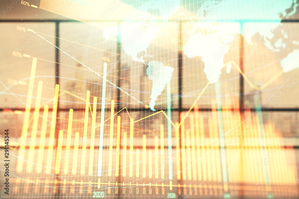 Double exposure of financial chart with world map on empty room interior background. International market concept. Double exposure of financial chart with world map on empty room interior background. International market concept.