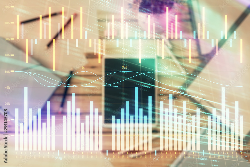 Double exposure of forex graph on digital tablet laying on table background. Concept of market analysis Double exposure of forex graph on digital tablet laying on table background. Concept of market analysis