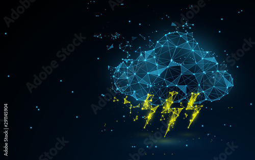 Cloud with thunders icon from lines, triangles and particle style design. Vector illustration