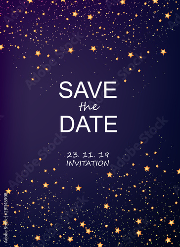Invitation card with stars and sparkles vector. Save the date. Magic cosmic t...