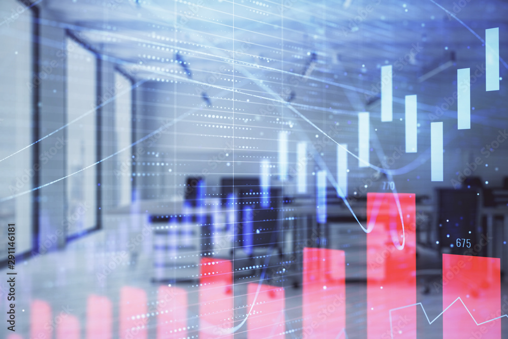 Stock and bond market graph with trading desk bank office interior on background. Multi exposure. Concept of financial analysis Stock and bond market graph with trading desk bank office interior on background. Multi exposure. Concept of financial analysis