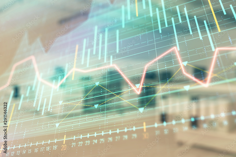 Stock market chart with trading desk bank office interior on background. Double exposure. Concept of financial analysis Stock market chart with trading desk bank office interior on background. Double exposure. Concept of financial analysis