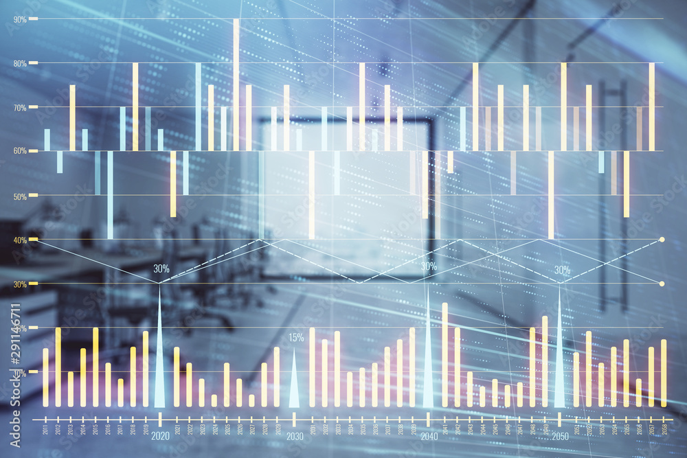 Stock market chart with trading desk bank office interior on background. Double exposure. Concept of financial analysis Stock market chart with trading desk bank office interior on background. Double exposure. Concept of financial analysis