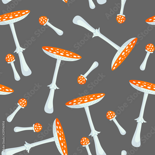 Seamless pattern of toadstools on grey background