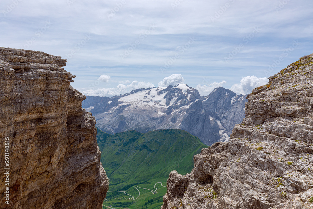 Beautiful view of Marmolada glasier and Pass Pordoi valley from Piz Boe mountain peak. Italian Dolomites, Alto Adige (Summertime)