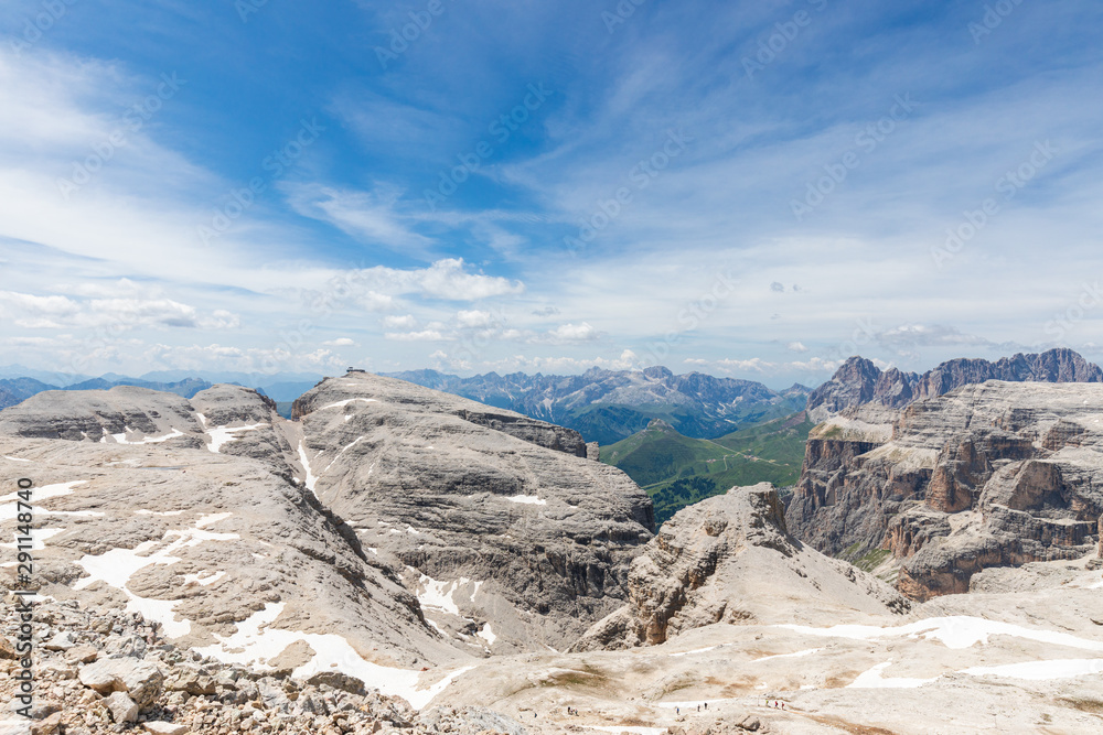Beautiful view of the peaks of  Dolomites Alps from the top of Piz Boe mountain. Italian Alps, Alto Adige (Summertime)