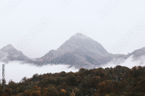 Beautiful picturesque view of a hilly mountain covered with white fog and forest. Concept of vacation in a picturesque resort in the city of clean mountain air. Copyspace © Rithor