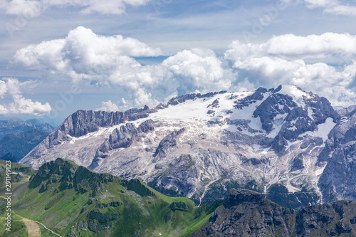 Beautiful view of Marmolada glasier and Pass Pordoi valley from Piz Boe mountain peak. Italian Dolomites, Alto Adige