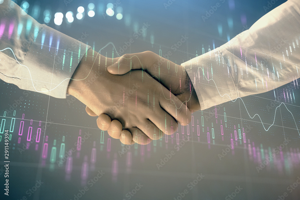 Multi exposure of forex graph on abstract background with two businessmen handshake. Concept of success on stock market