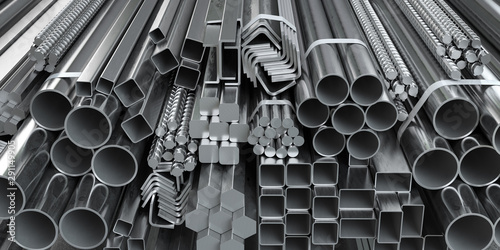 Different metal rolled products. Stainless steel profiles and tubes. in warehouse background. photo